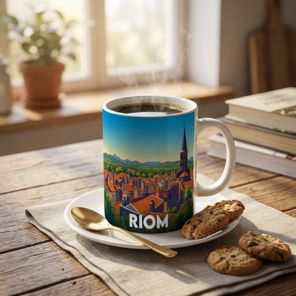 Mug souvenir de la ville de Riom avec une illustration stylisée.