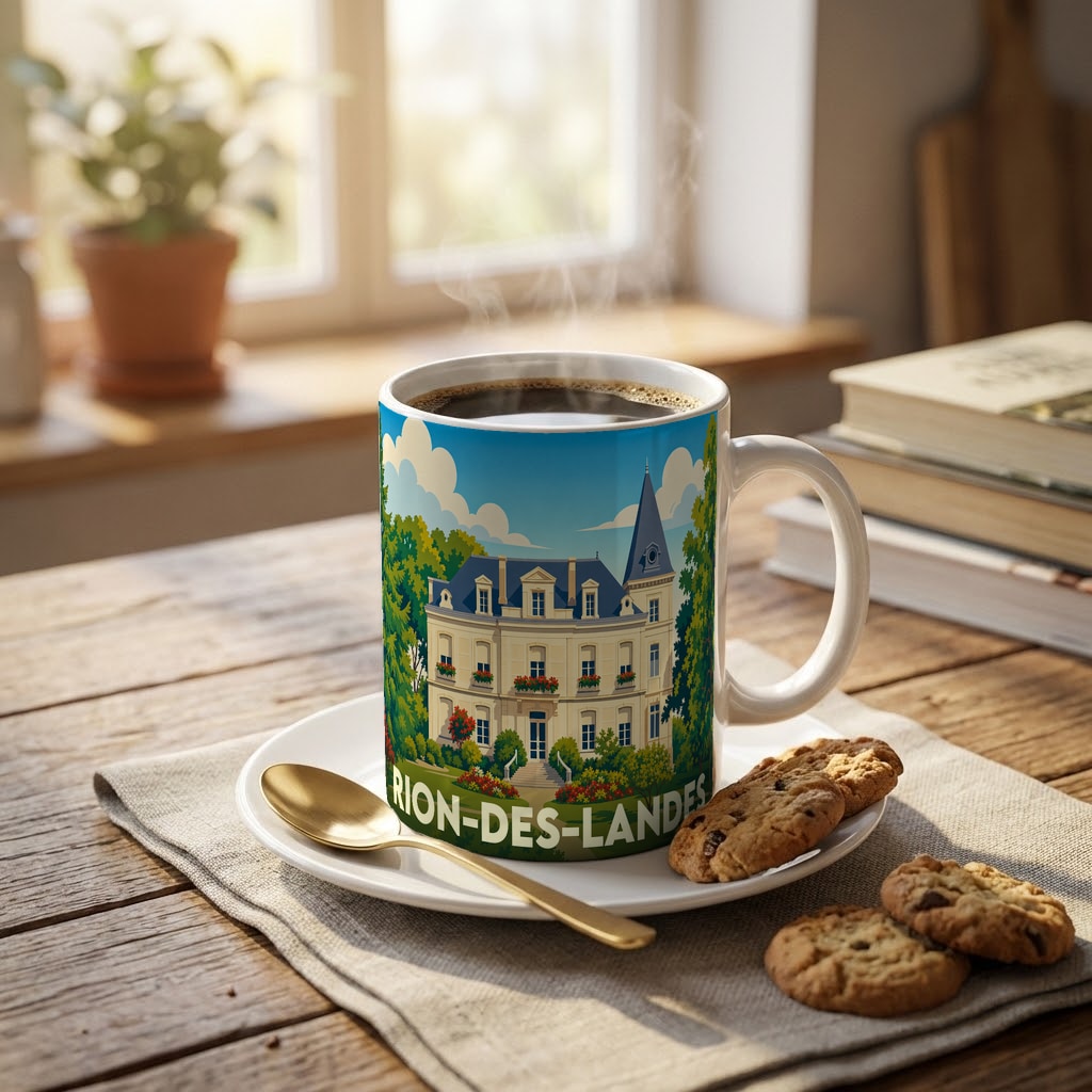 Mug souvenir de la ville de Rion-des-Landes avec une illustration stylisée d'un château entouré de verdure.
