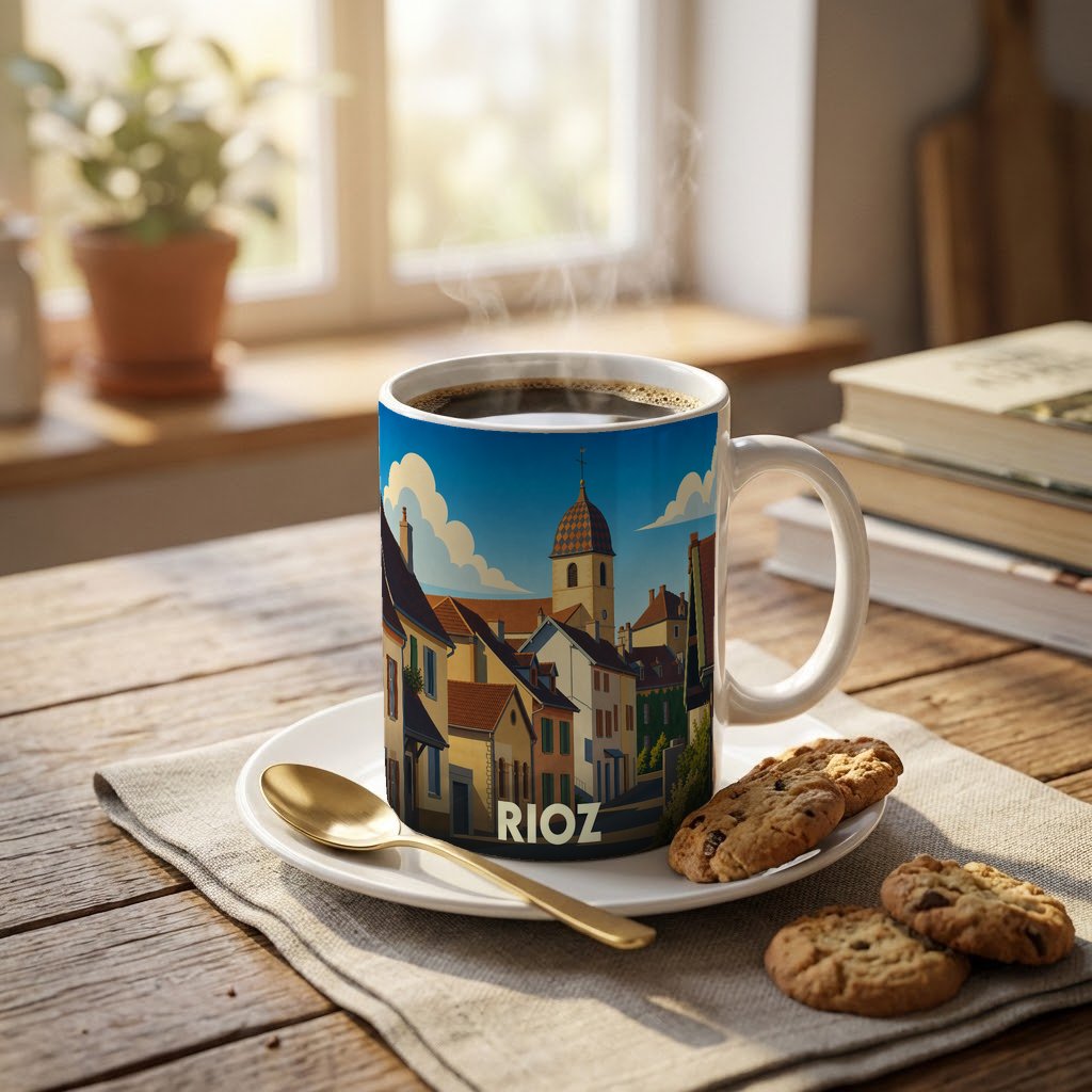 Mug souvenir de la ville de Rioz orné d'une illustration stylisée de ses maisons et de son clocher.
