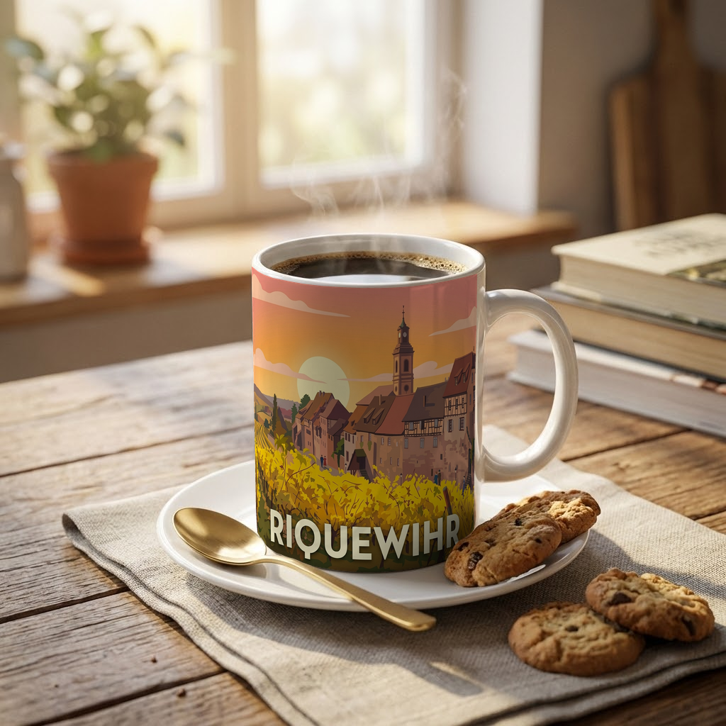 Mug souvenir de la ville de Riquewihr avec une illustration stylisée de ses vignobles et de son architecture.