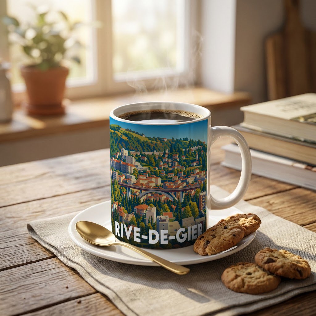 Mug souvenir de la ville de Rive-de-Gier avec une illustration stylisée.