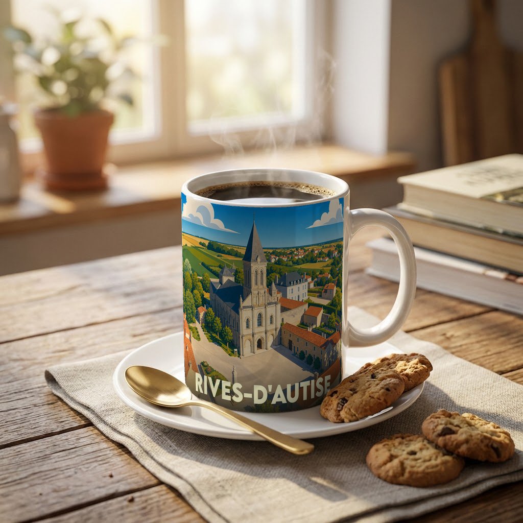 Mug souvenir de la ville de Rives-d'Autise illustré par une vue panoramique stylisée de son église et de ses paysages.