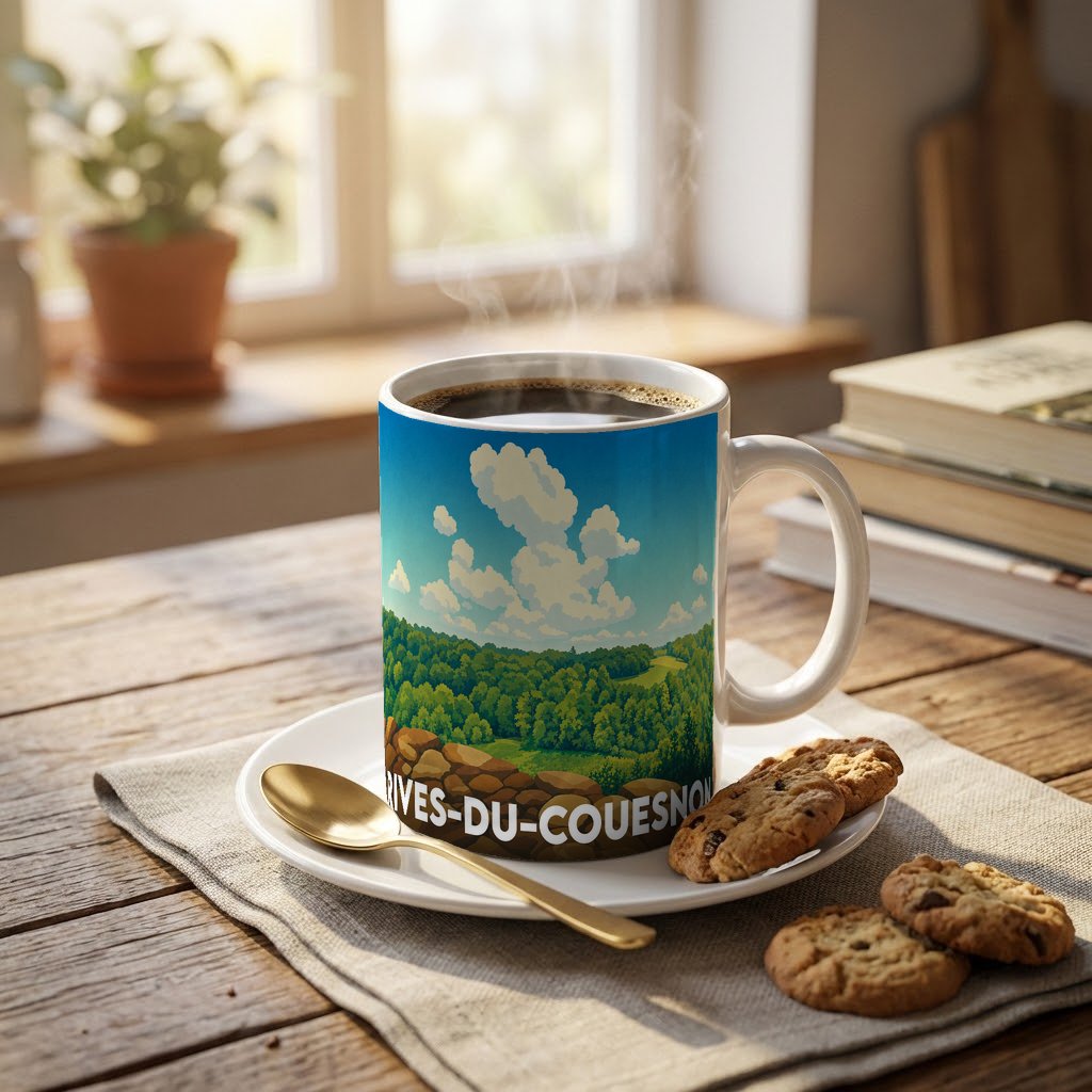 Mug souvenir de la ville de Rives-du-Couesnon avec une illustration de paysage verdoyant.