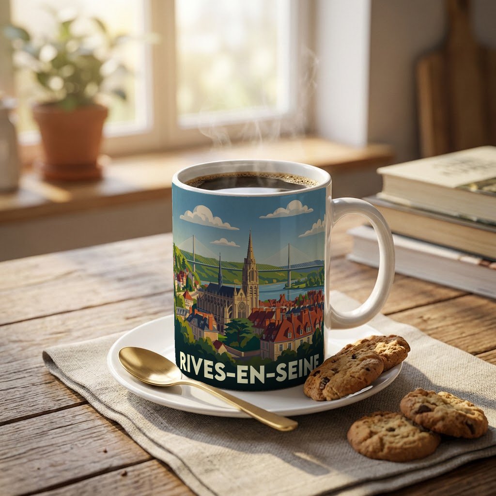 Mug souvenir de la ville de Rives-en-Seine avec une illustration stylisée.