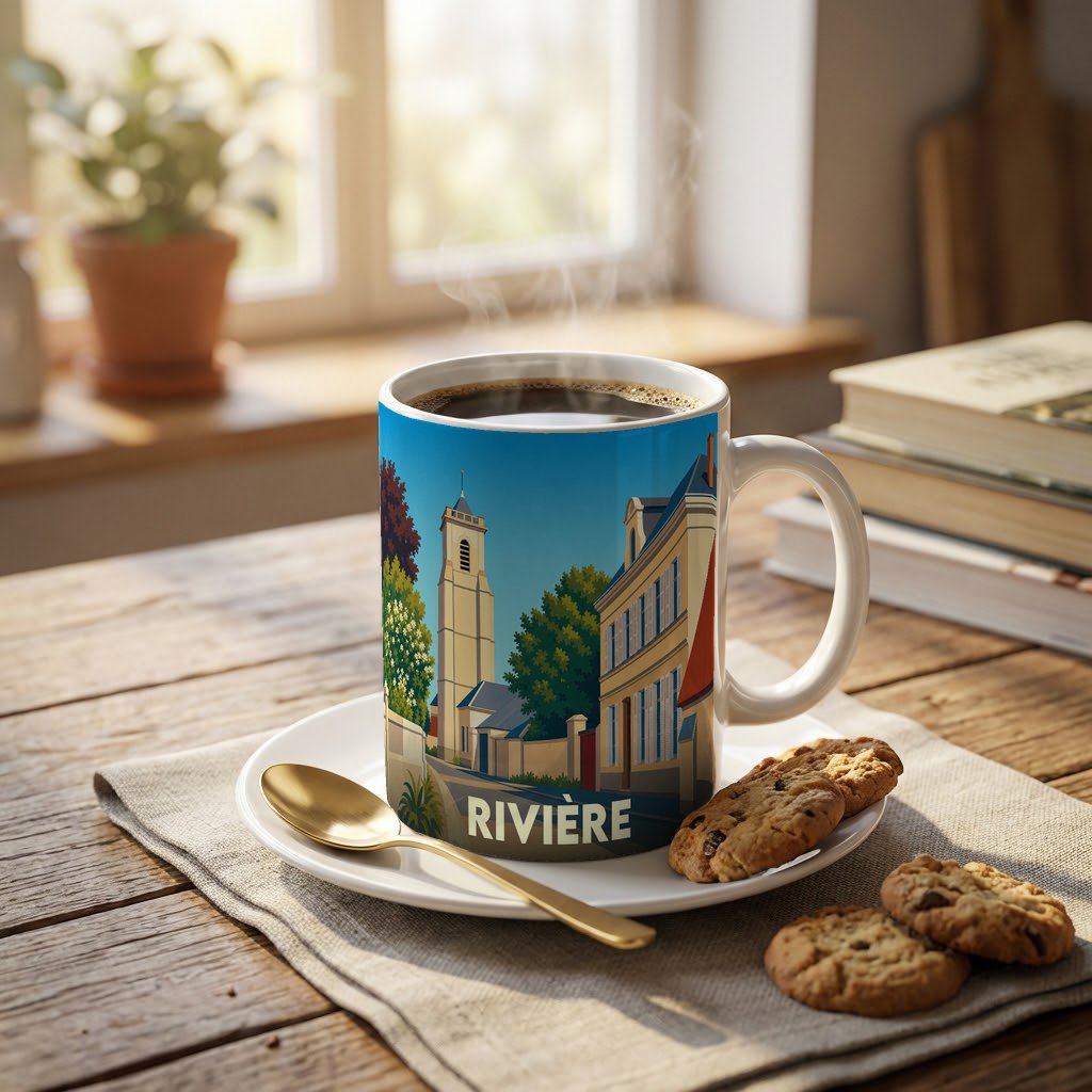 Mug souvenir de la ville de Rivière avec une illustration stylisée d'un paysage urbain.