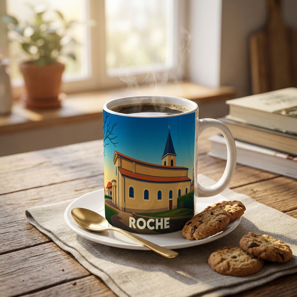 Mug souvenir de la ville de Roche illustré par une église stylisée sous un ciel bleu.