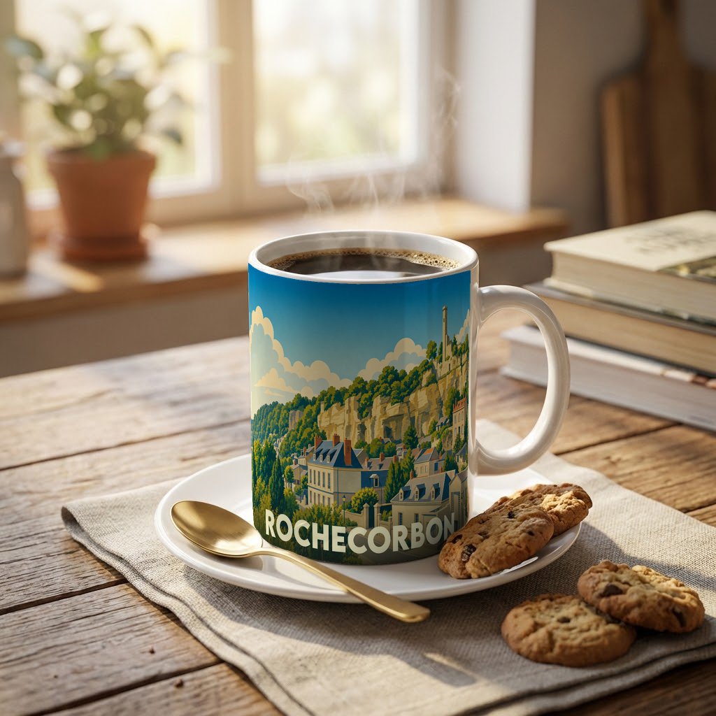 Mug souvenir de la ville de Rochecorbon avec une illustration stylisée de son paysage urbain et de ses falaises.