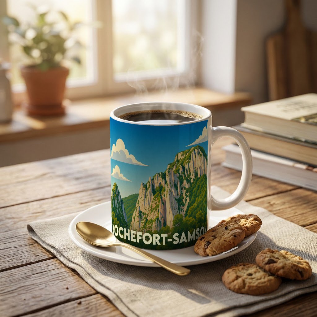 Mug souvenir de la ville de Rochefort-Samson orné d'une illustration stylisée de ses falaises.
