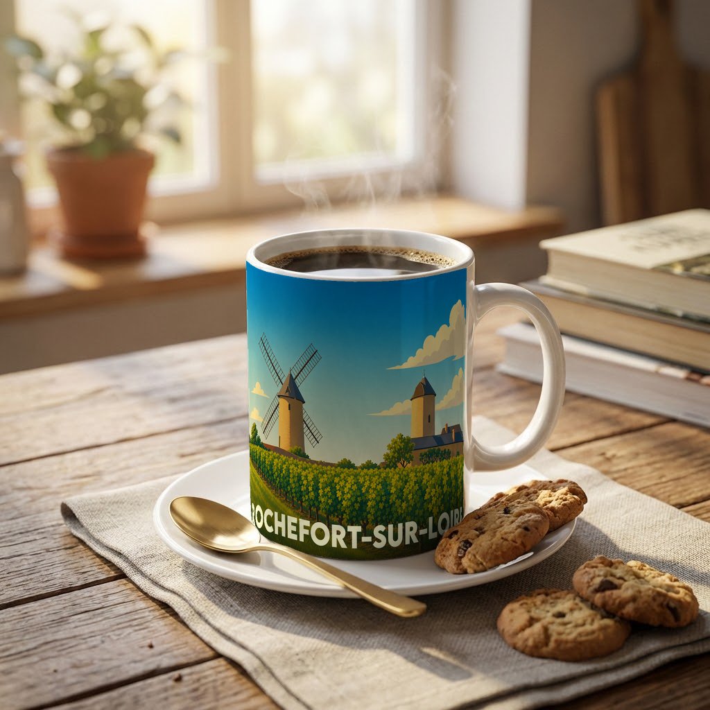 Mug souvenir de la ville de Rochefort-sur-Loire orné d'une illustration stylisée de moulin et de vignobles.