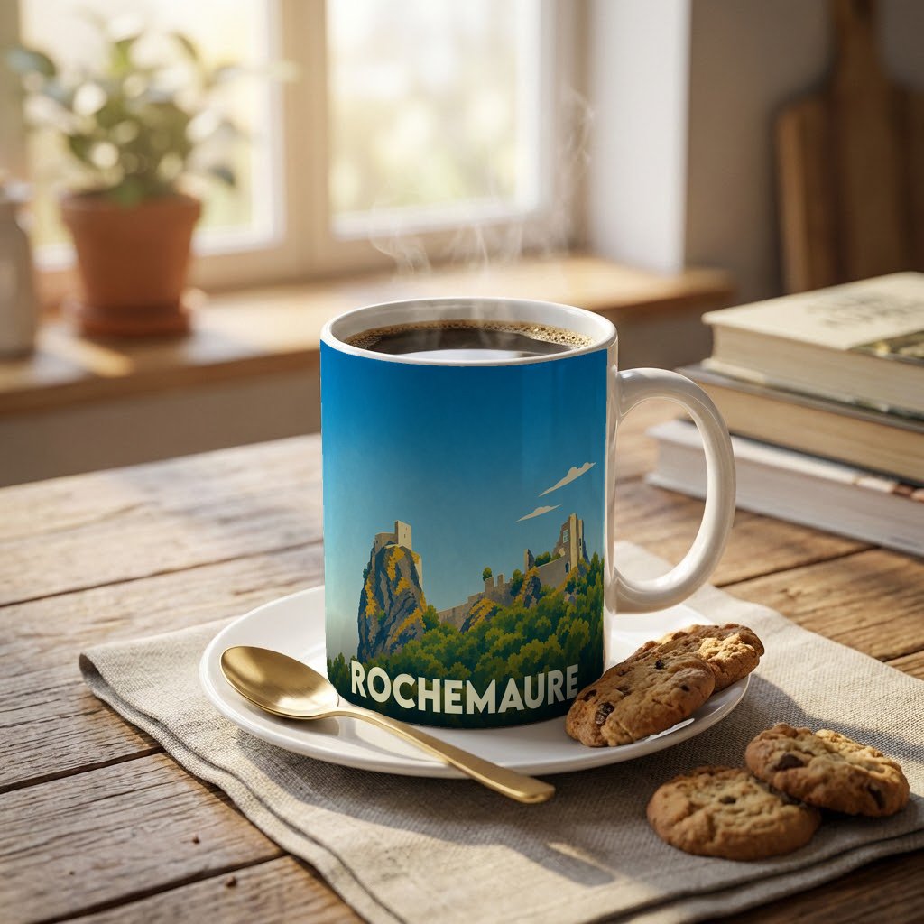 Mug souvenir de la ville de Rochemaure orné d'une illustration stylisée de son château.