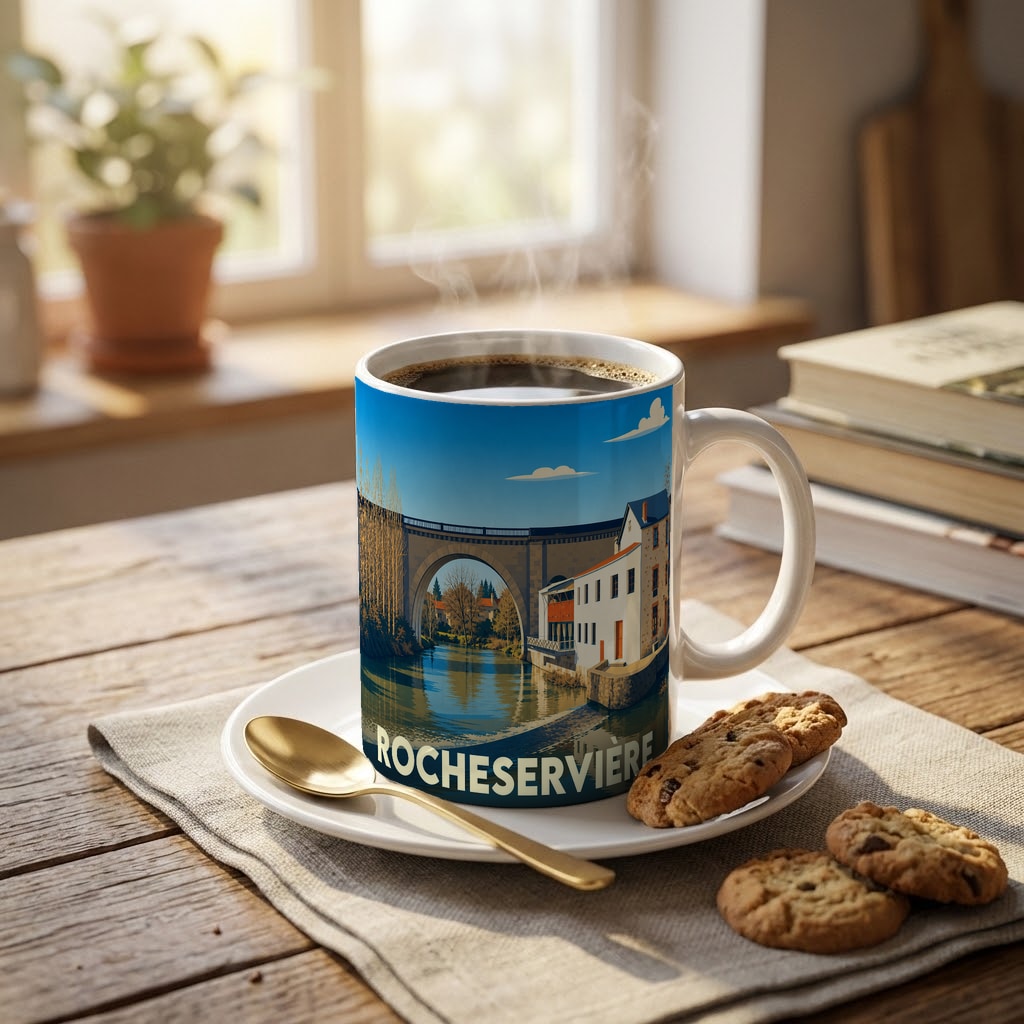Mug souvenir de la ville de Rocheservière orné d'une illustration stylisée de son pont et de ses bords de rivière.