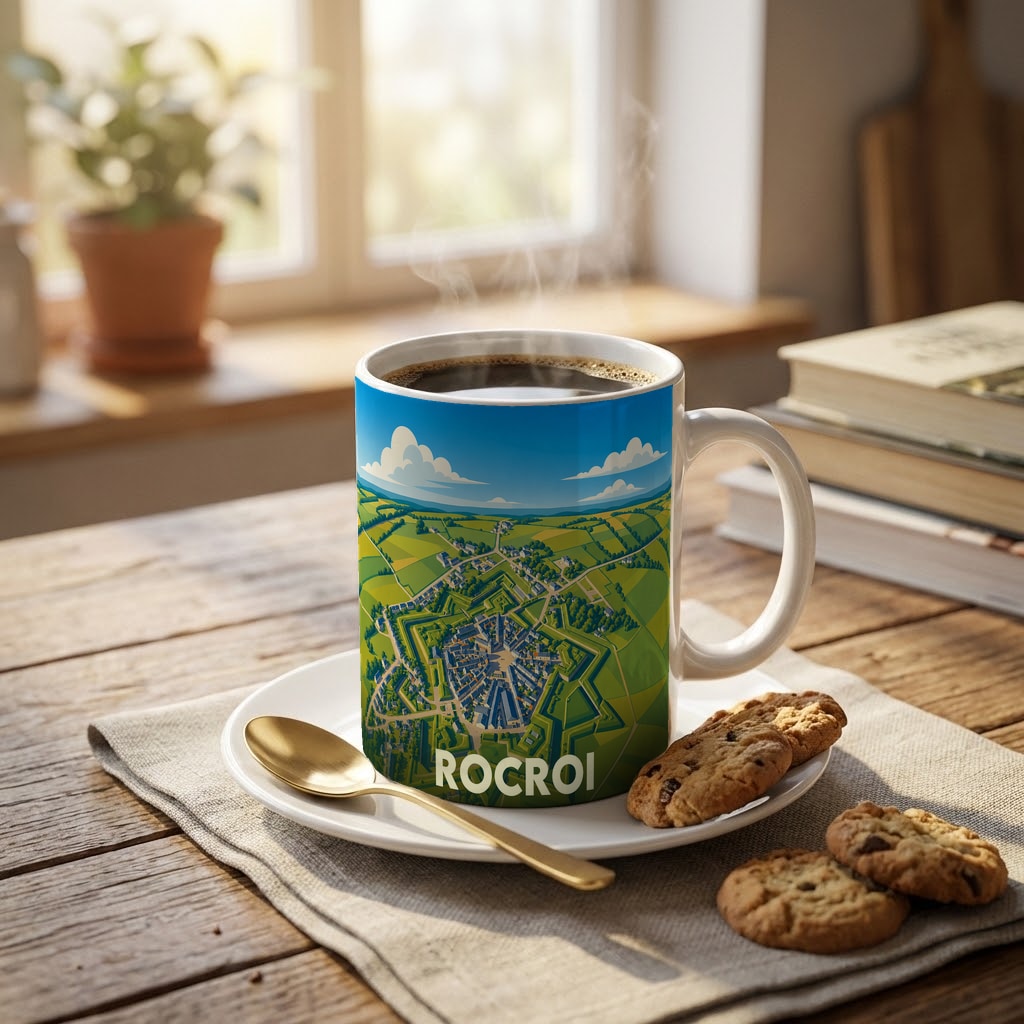 Mug souvenir de la ville de Rocroi orné d'une illustration stylisée de ses fortifications en forme de étoile.