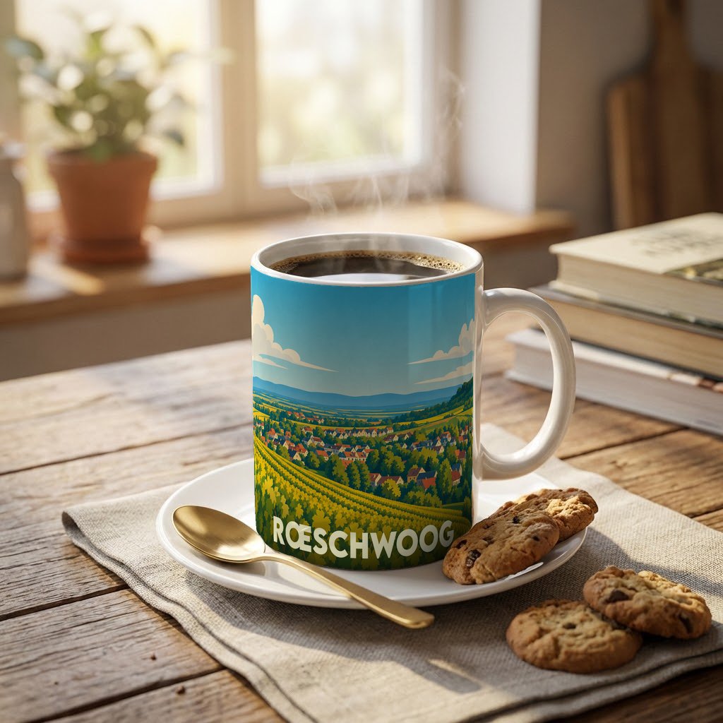 Mug souvenir de la ville de Rœschwoog orné d'une illustration stylisée de paysages alsaciens.