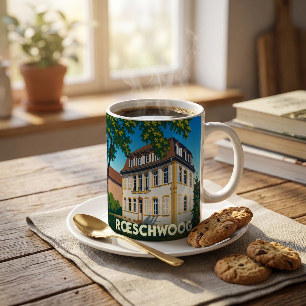 Mug souvenir de la ville de Rœschwoog orné d'une illustration stylisée d'un bâtiment traditionnel.