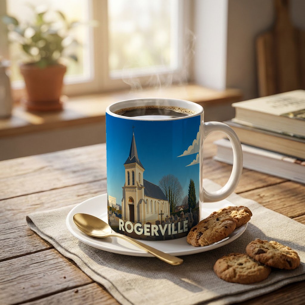 Mug souvenir de la ville de Rogerville illustré d'une église sous un ciel bleu.