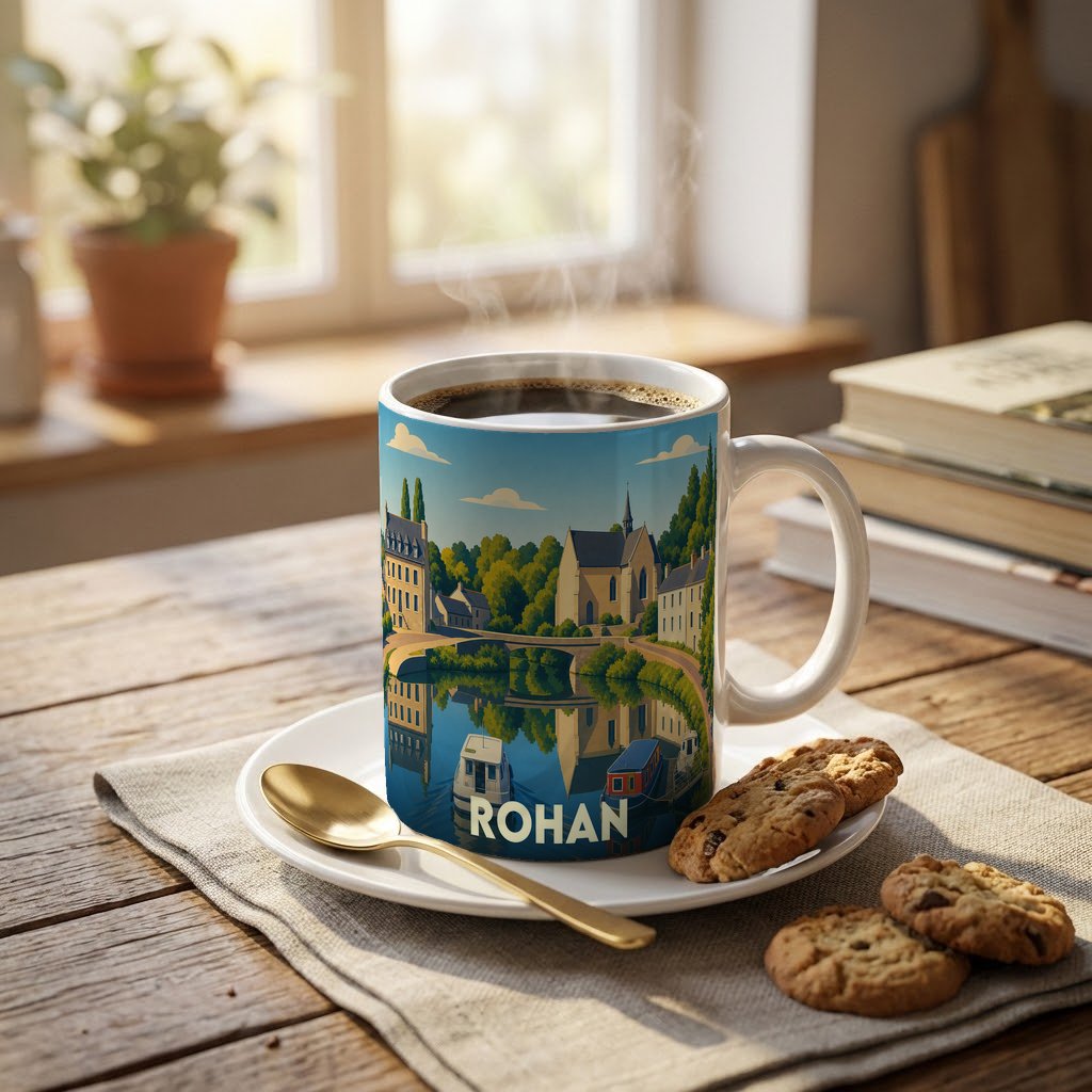 Mug souvenir de la ville de Rohan avec une illustration stylisée d'un paysage fluvial et de son architecture.
