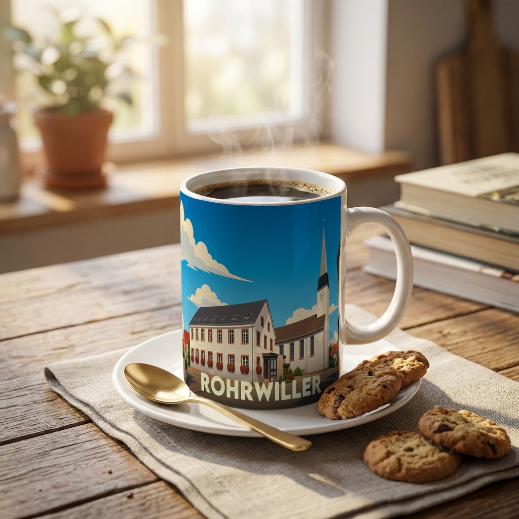 Mug souvenir de la ville de Rohrwiller avec une illustration stylisée.