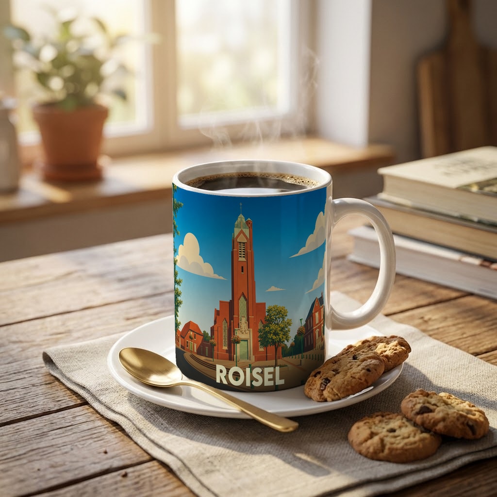 Mug souvenir de la ville de Roisel avec une illustration stylisée de son église.