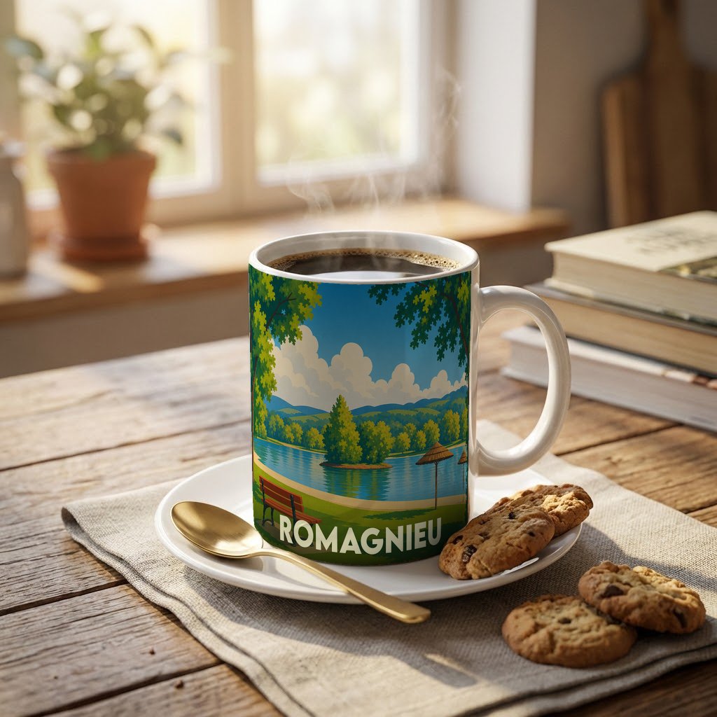 Mug souvenir de la ville de Romagnieu avec une illustration stylisée d'un lac bordé d'arbres.