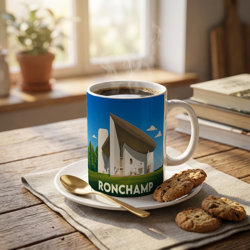 Mug souvenir de la ville de Ronchamp avec une illustration stylisée de la chapelle Notre-Dame-du-Haut.