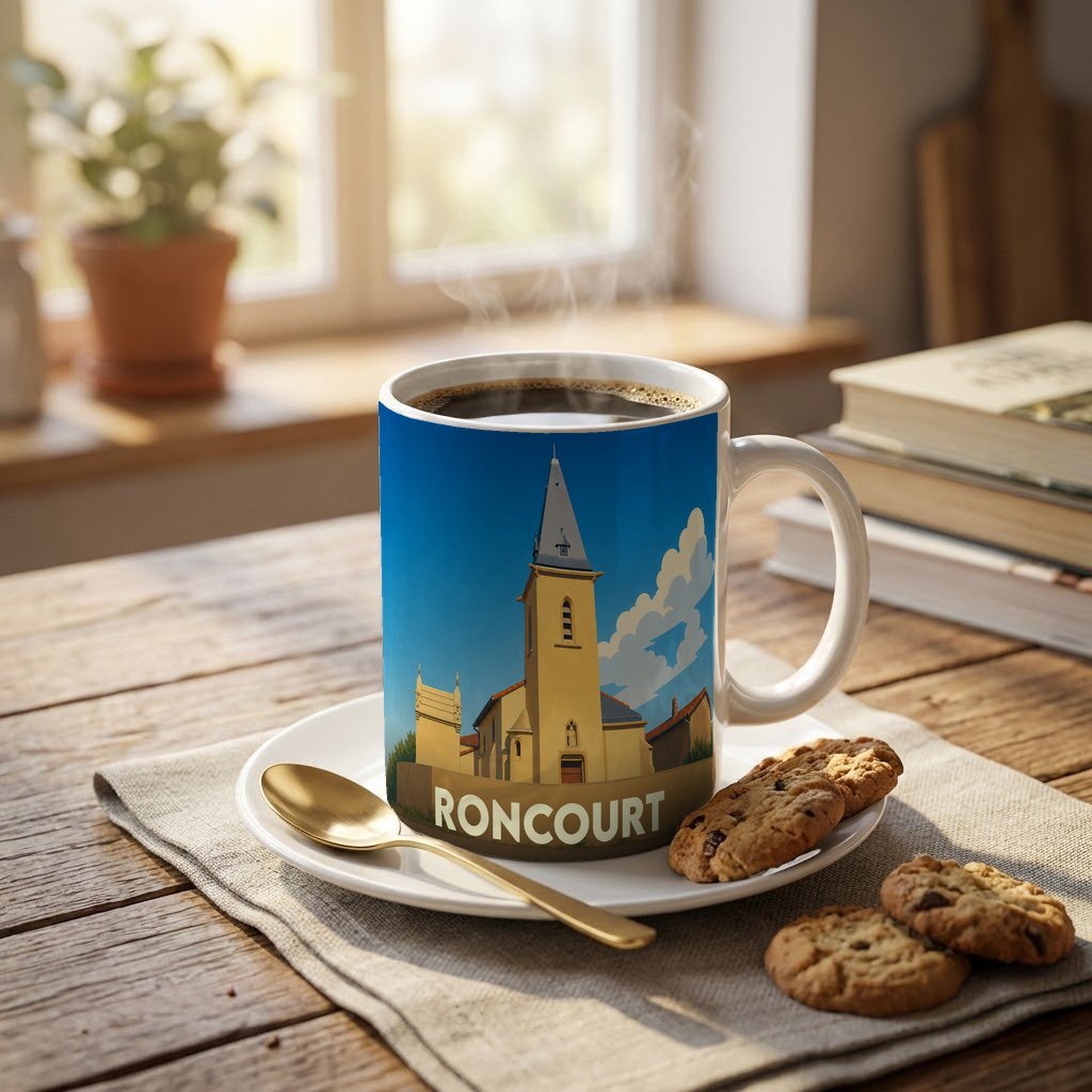 Mug souvenir de la ville de Roncourt orné d'une illustration stylisée de son église.