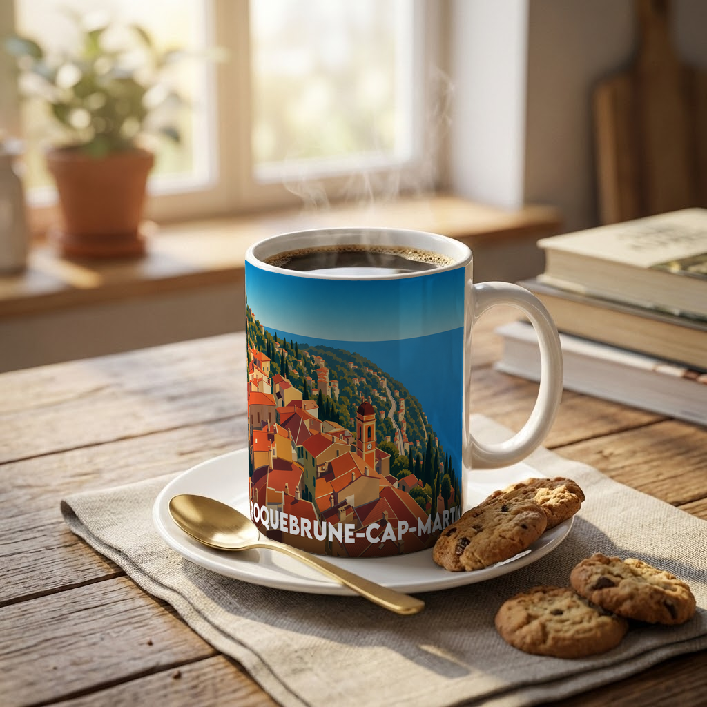 Mug souvenir de la ville de Roquebrune-Cap-Martin orné d'une illustration colorée et stylisée du village perché.