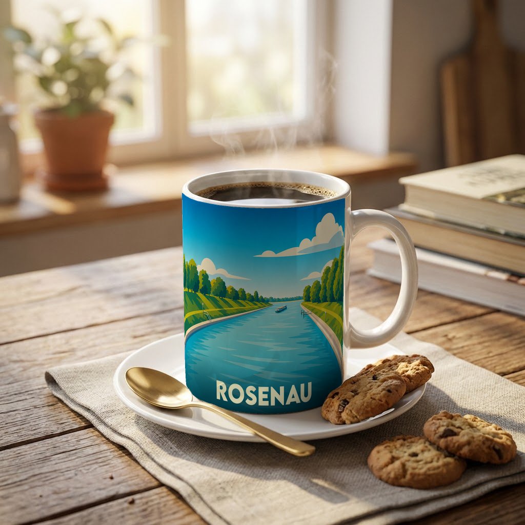 Mug souvenir de la ville de Rosenau orné d'une illustration stylisée d'un canal verdoyant.