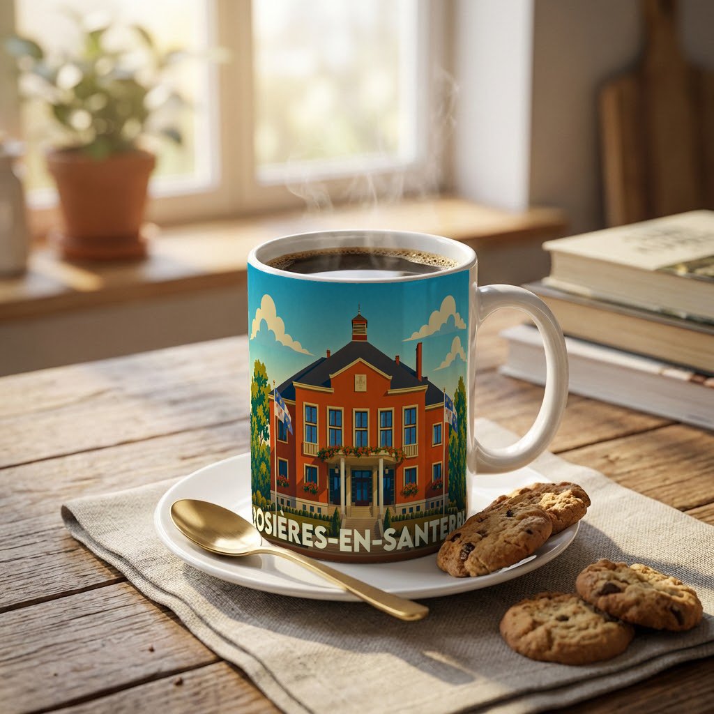 Mug souvenir de la ville de Rosières-en-Santerre avec une illustration stylisée de son hôtel de ville.