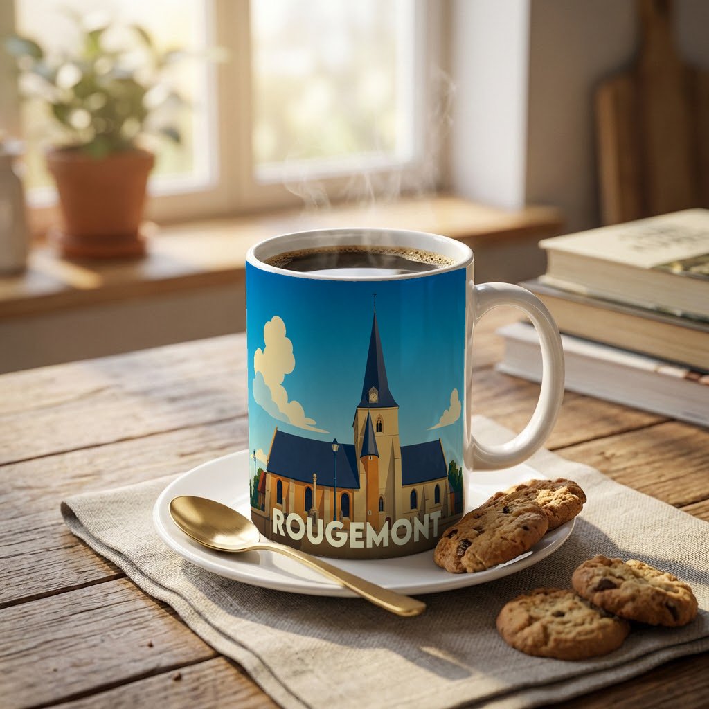 Mug souvenir de la ville de Rougemont avec une illustration stylisée de son église.