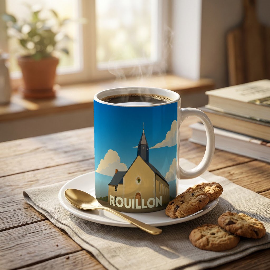 Mug souvenir de la ville de Rouillon avec une illustration stylisée de son église.