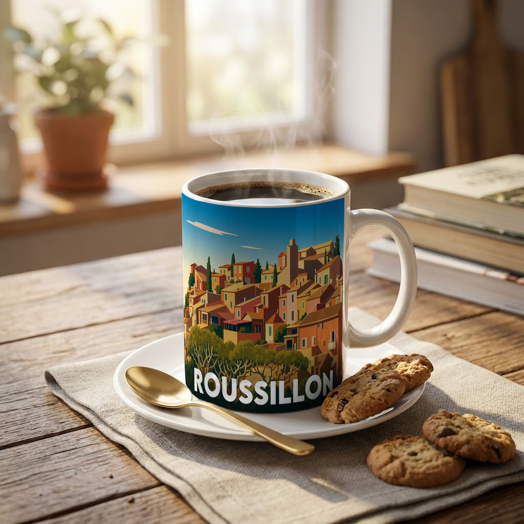Mug souvenir de la ville de Roussillon avec une illustration stylisée et colorée de ses maisons emblématiques.