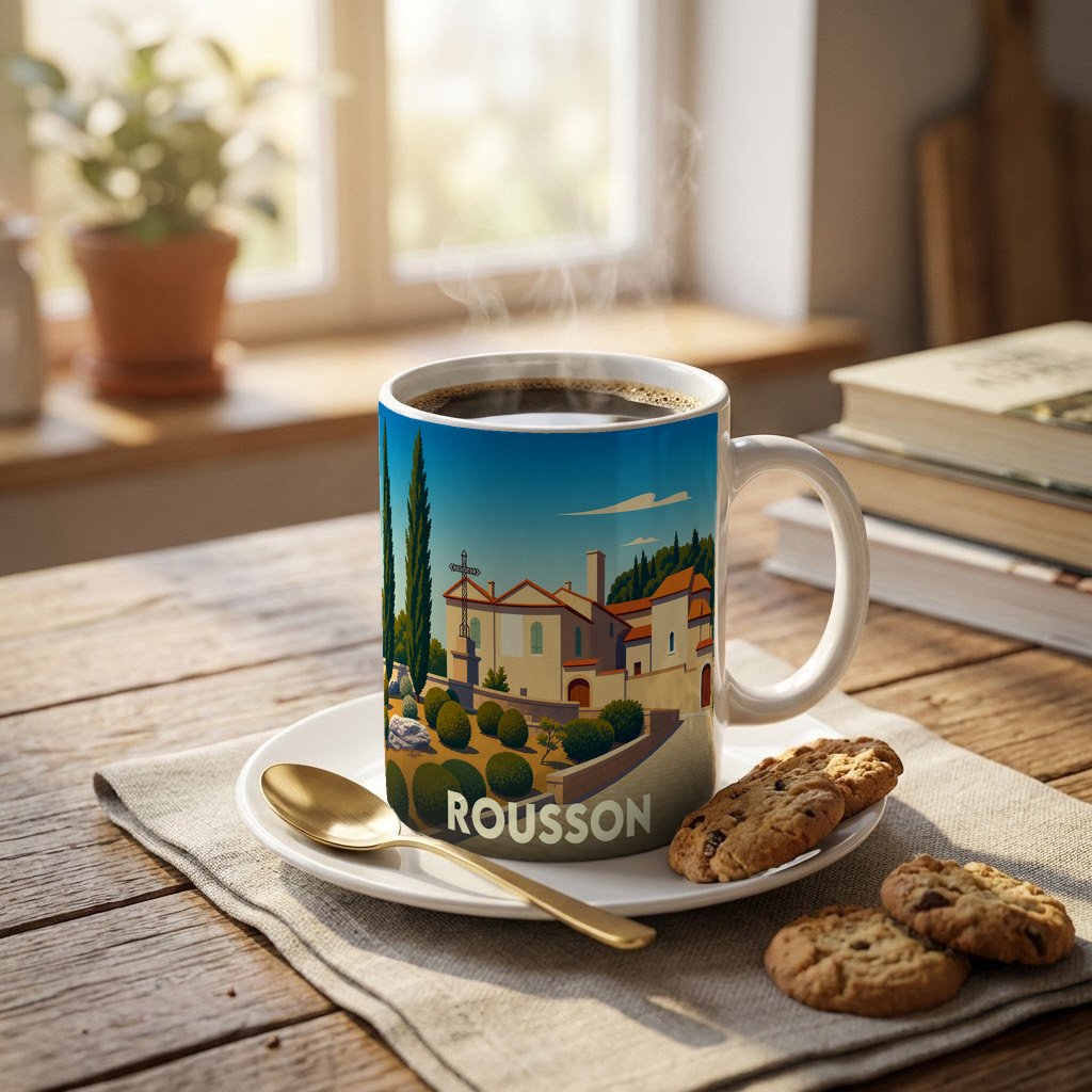 Mug souvenir de la ville de Rousson orné d'une illustration stylisée de style affiche rétro.