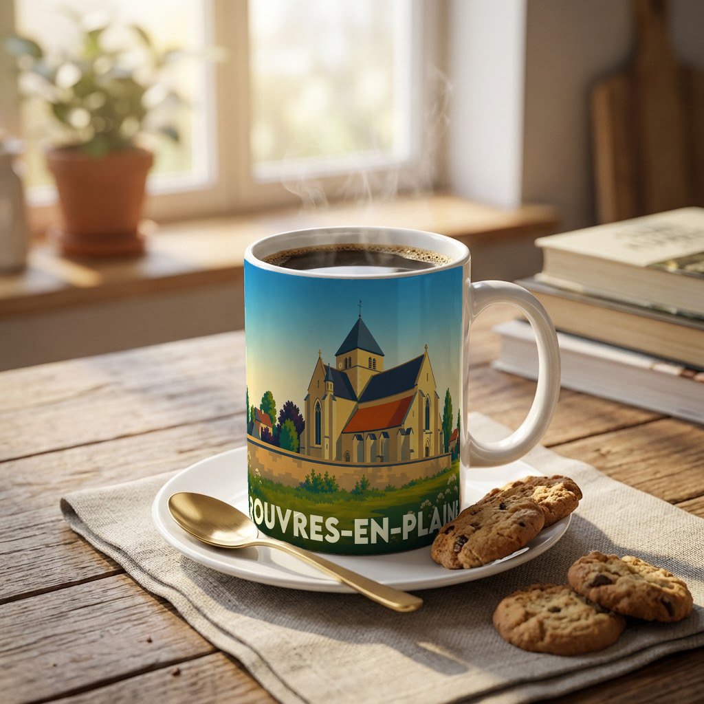 Mug souvenir de la ville de Rouvres-en-Plaine avec une illustration stylisée d'une église historique.