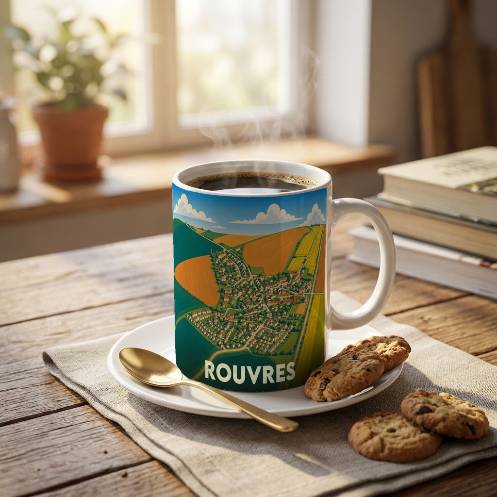Mug souvenir de la ville de Rouvres avec une illustration stylisée de ses paysages vue du ciel.