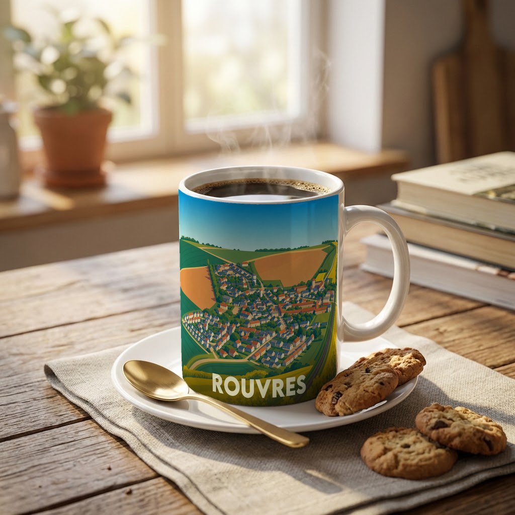 Mug souvenir de la ville de Rouvres orné d'une illustration panoramique colorée.