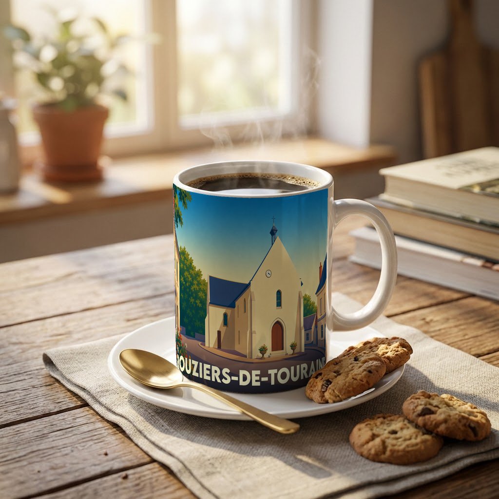 Mug souvenir de la ville de Rouziers-de-Touraine avec une illustration stylisée d'une église locale.