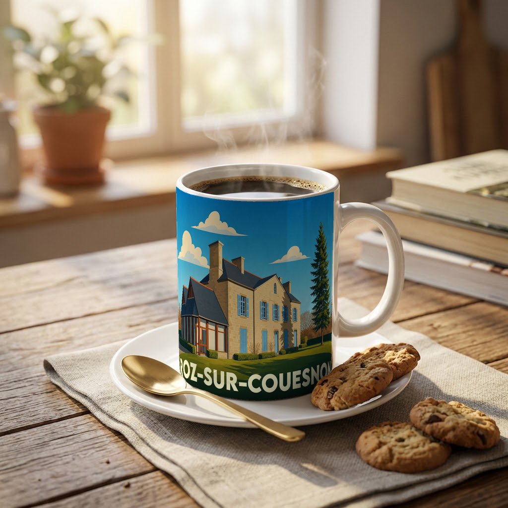 Mug souvenir de la ville de Roz-sur-Couesnon illustré d'une demeure traditionnelle bretonne sous un ciel bleu.