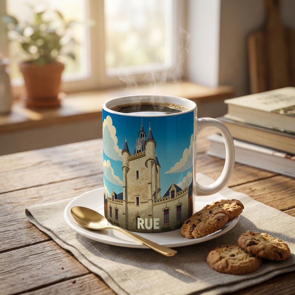 Mug souvenir de la ville de Rue avec une illustration stylisée de son beffroi historique.