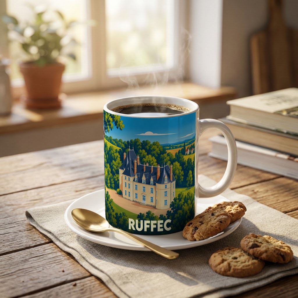 Mug souvenir de la ville de Ruffec illustré d'un château stylisé niché dans un paysage verdoyant.