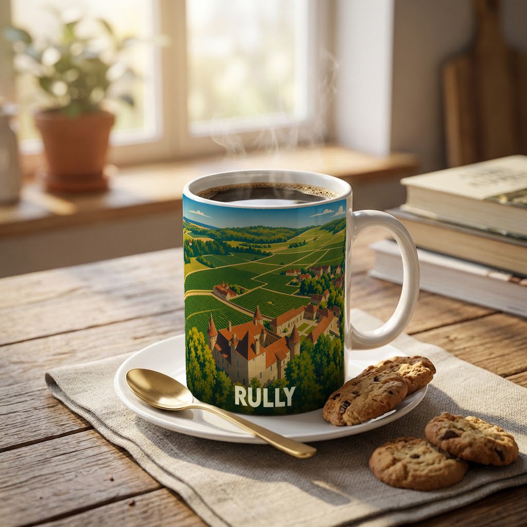 Mug souvenir de la ville de Rully orné d'une illustration stylisée de son château et de ses vignobles.