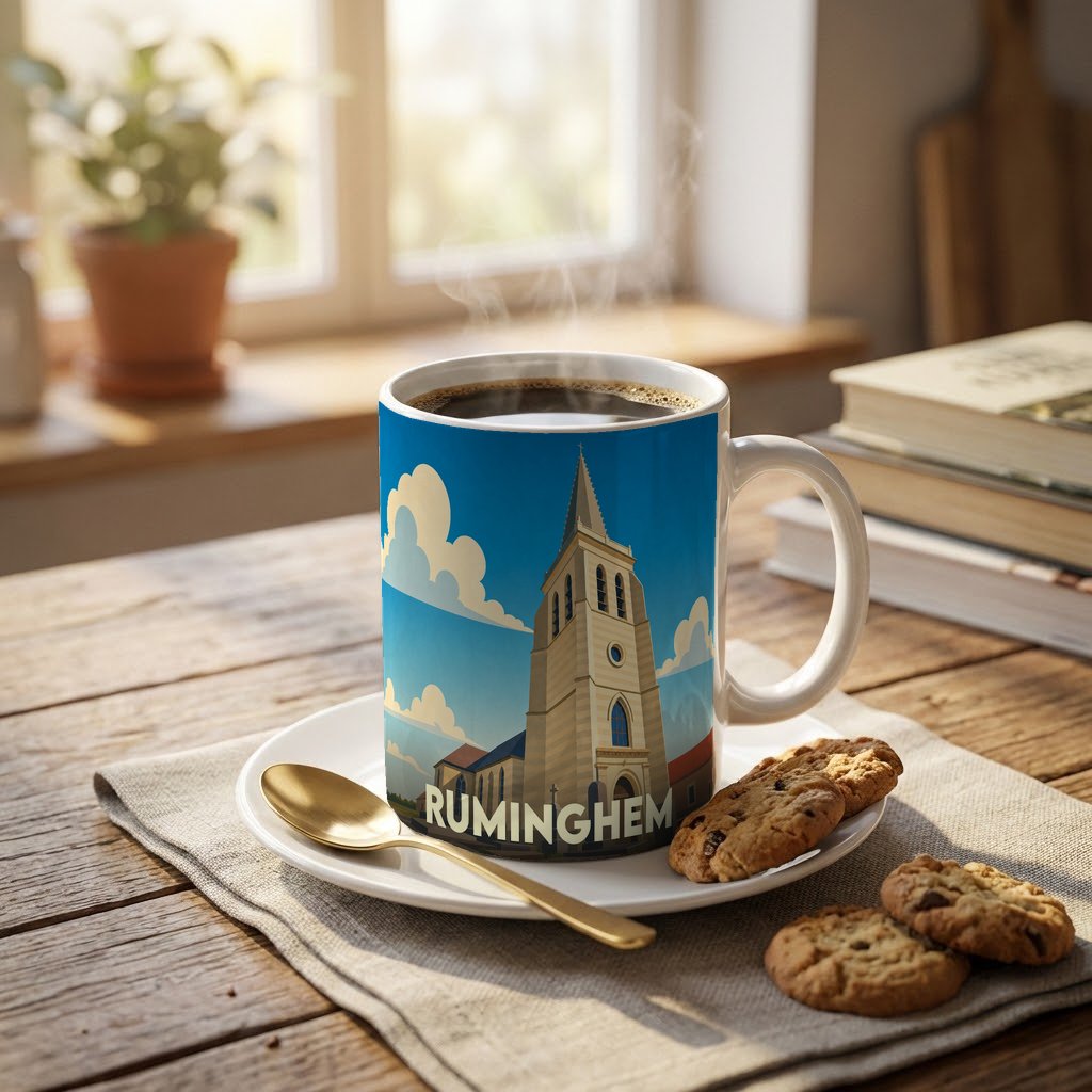 Mug souvenir de la ville de Ruminghem orné d'une illustration stylisée de son église.