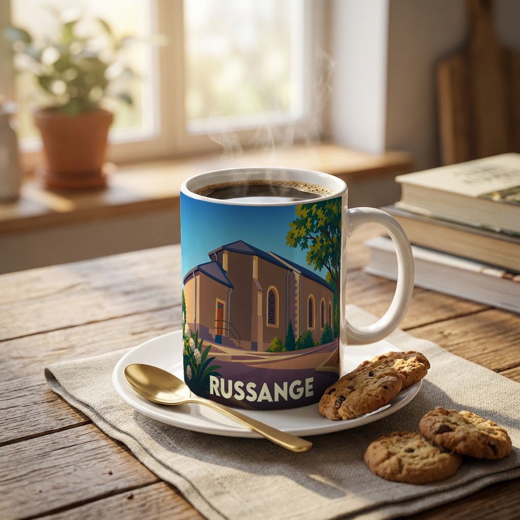 Mug souvenir de la ville de Russange avec une illustration stylisée d'un bâtiment historique.