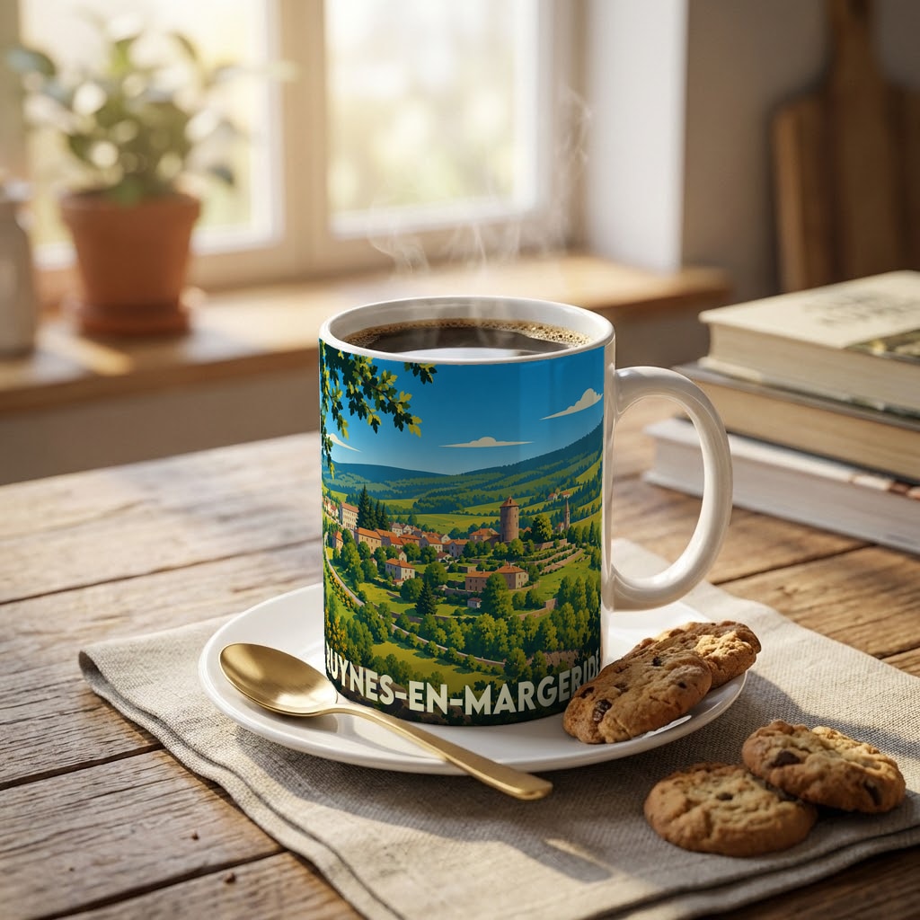 Mug souvenir de la ville de Ruynes-en-Margeride avec une illustration stylisée d'un paysage de campagne.