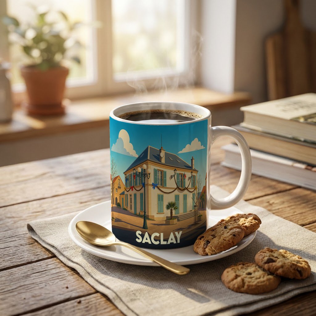 Mug souvenir de la ville de Saclay avec une illustration stylisée d'un bâtiment historique.