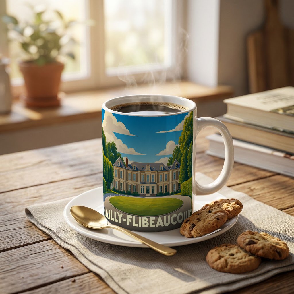 Mug souvenir de la ville de Sailly-Flibeaucourt orné d'une illustration stylisée de son château.