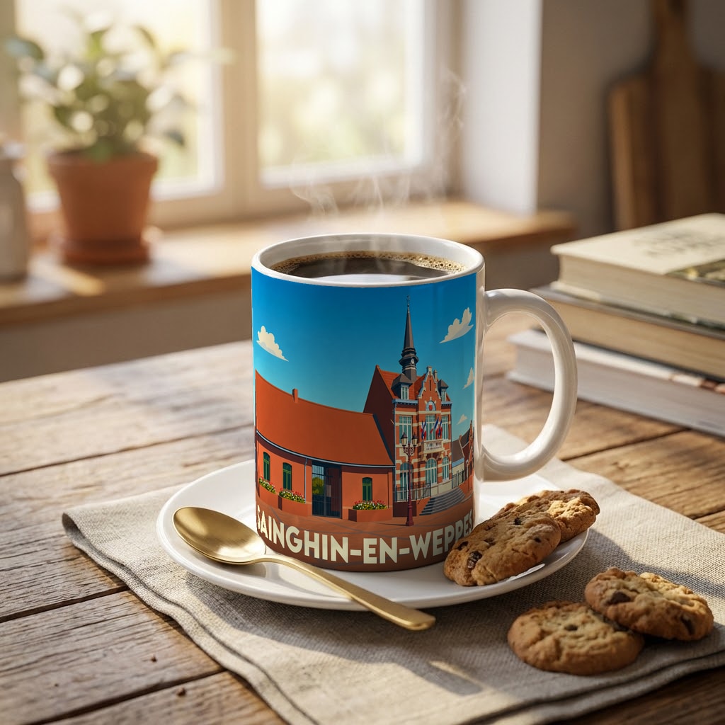 Mug souvenir de la ville de Sainghin-en-Weppes illustré d'une vue stylisée de l'hôtel de ville.