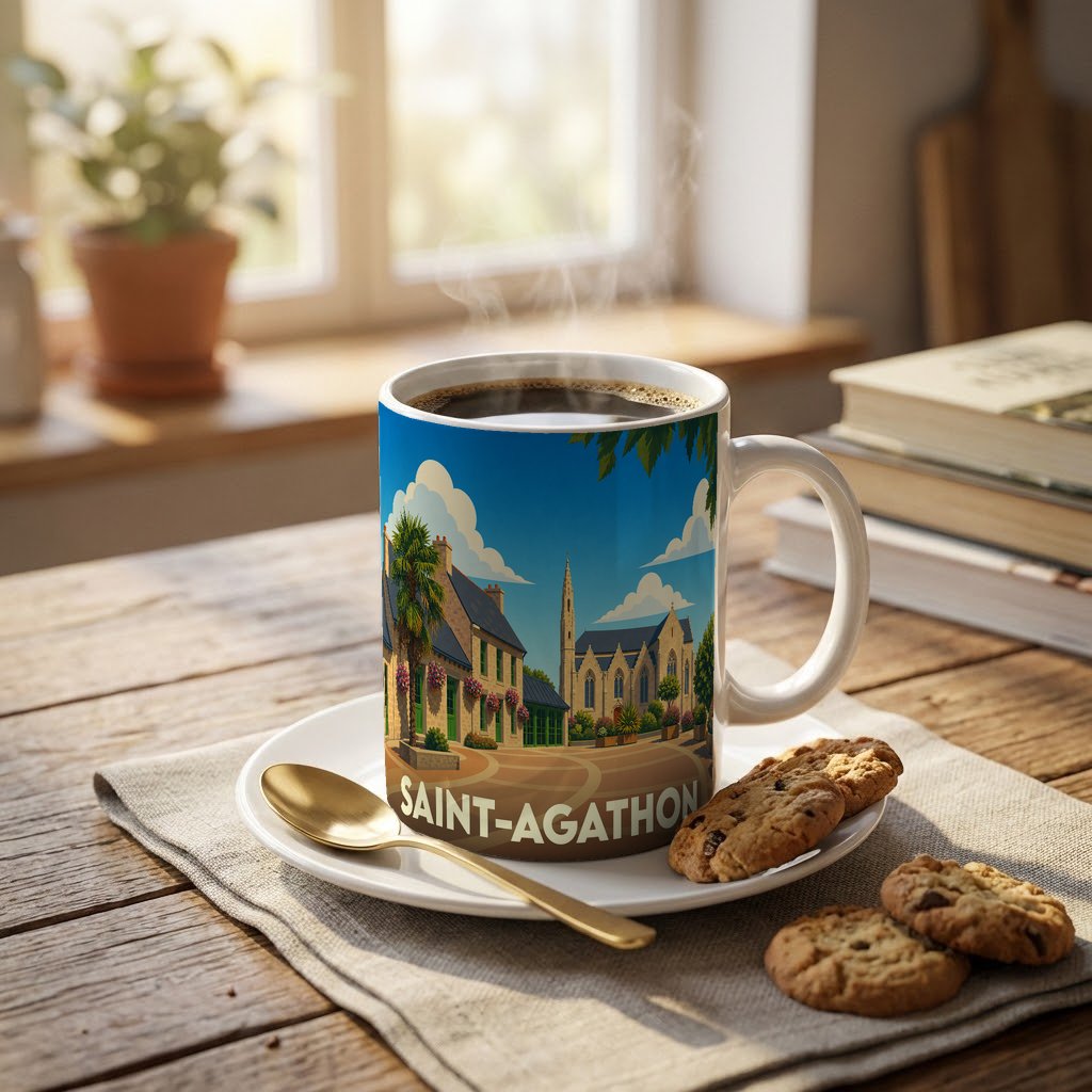 Mug souvenir de la ville de Saint-Agathon avec une illustration colorée représentant son église et ses maisons.