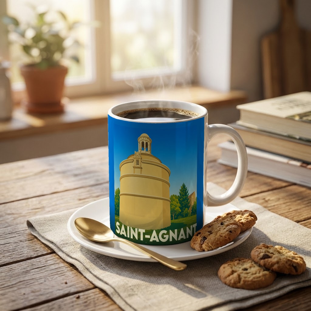 Mug souvenir de la ville de Saint-Agnant orné d'une illustration stylisée de son patrimoine.