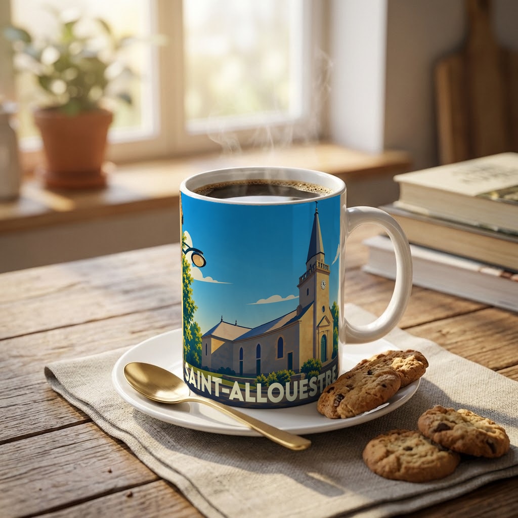 Mug souvenir de la ville de Saint-Allouestre orné d'une illustration stylisée de son église.