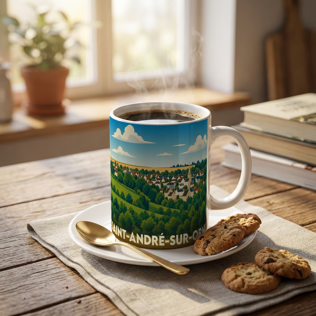 Mug souvenir de la ville de Saint-André-sur-Orne avec une illustration stylisée d'un paysage de campagne.